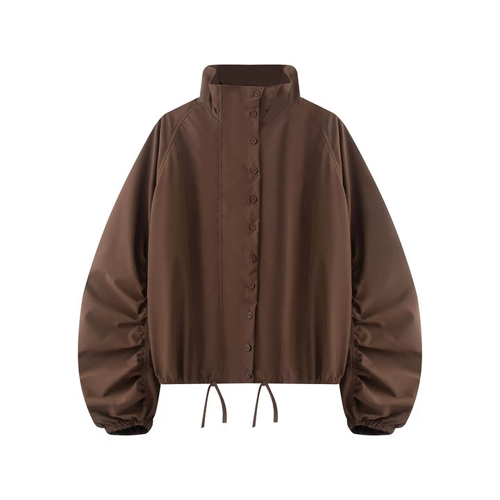 Women's transitional jacket with wide balloon sleeves, stand-up collar and drawstring.