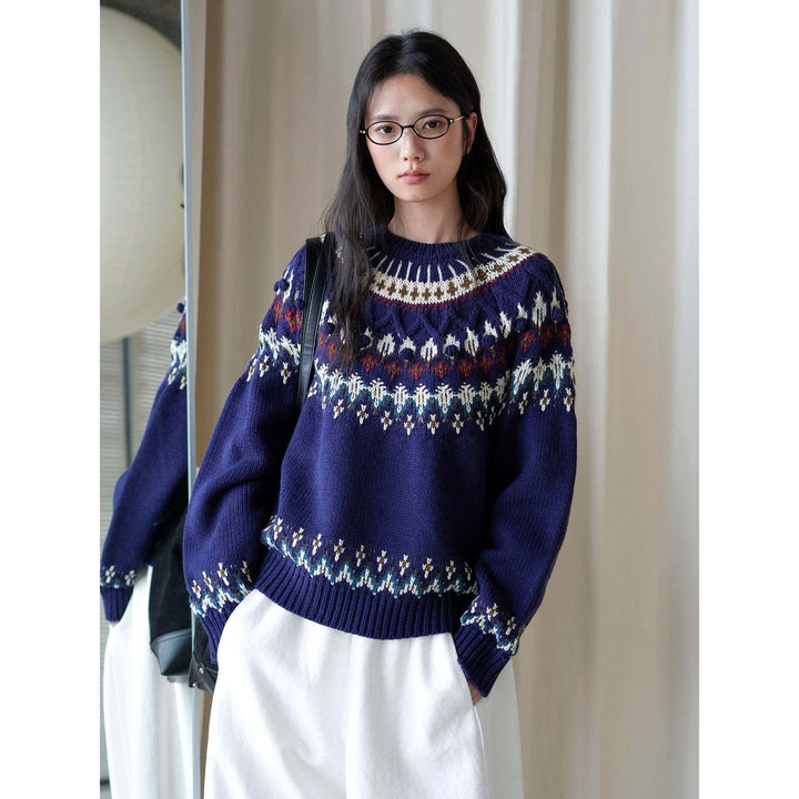 Women's Fair-Isle Knit Sweater with Norwegian Pattern and Oversized Cut Amarae