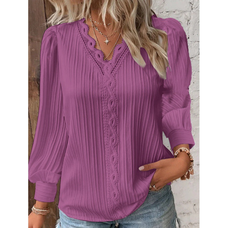 Women Pleated V-Neck Blouse with Lace Trim and Balloon Sleeves Amarae