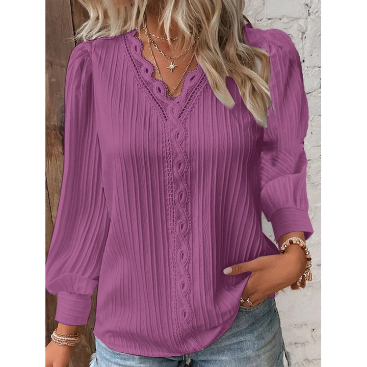 Women Pleated V-Neck Blouse with Lace Trim and Balloon Sleeves Amarae