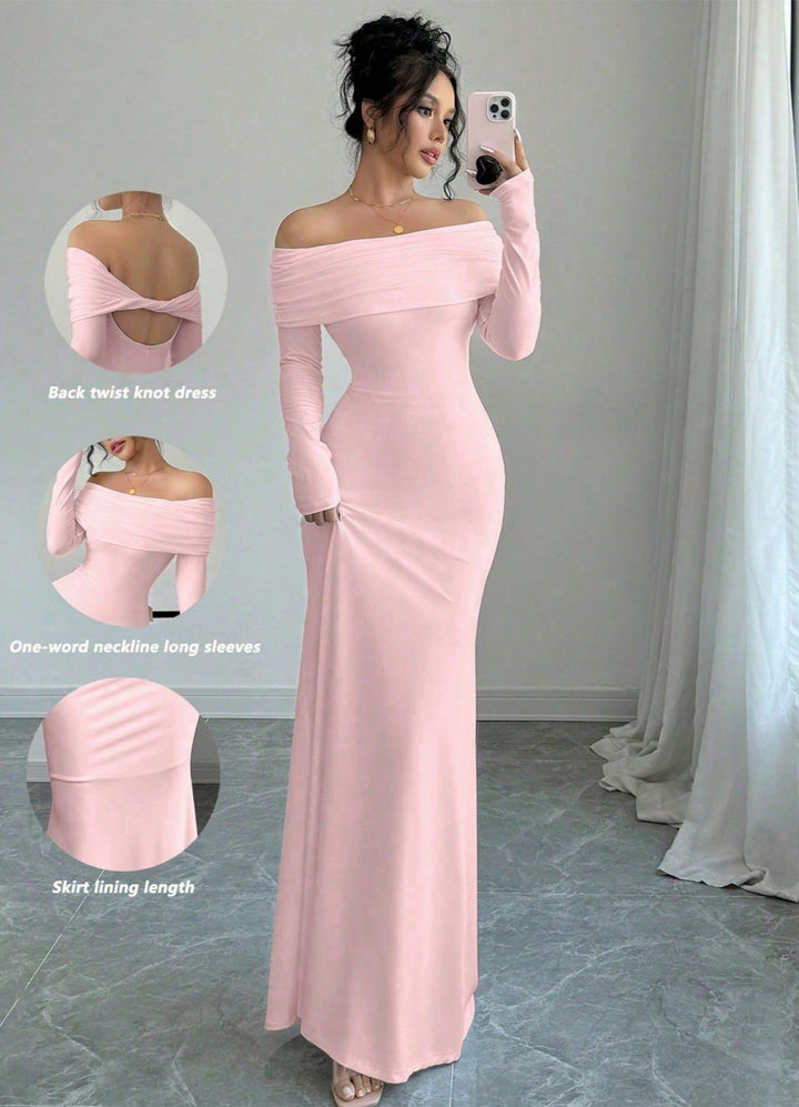 Women's Elegant and Fitted Off-Shoulder Maxi Dress with Long Sleeves Lune London