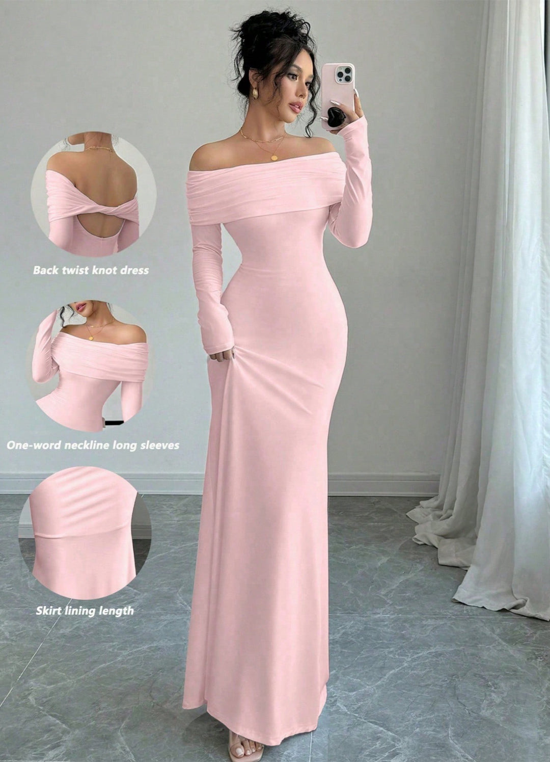 Maxi festive dress for women with off-shoulder neckline and fitted cut Lune London
