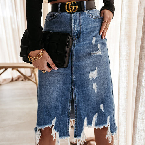 Amarae destroyed denim midi skirt for women with fringes