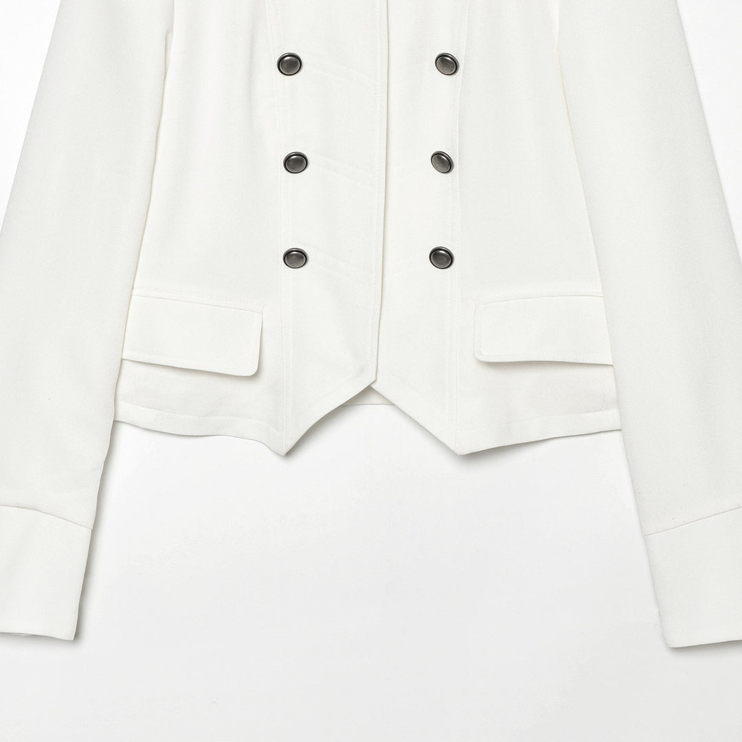 Women Short Military-Inspired Double-Breasted Jacket with Stand Collar and Flap Pockets Amarae