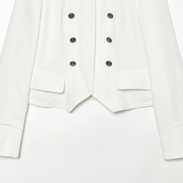 Women Short Military-Inspired Double-Breasted Jacket with Stand Collar and Flap Pockets Amarae