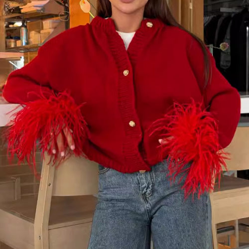 Knitted jacket for women with elegant fringe sleeves and gold buttons Amarae