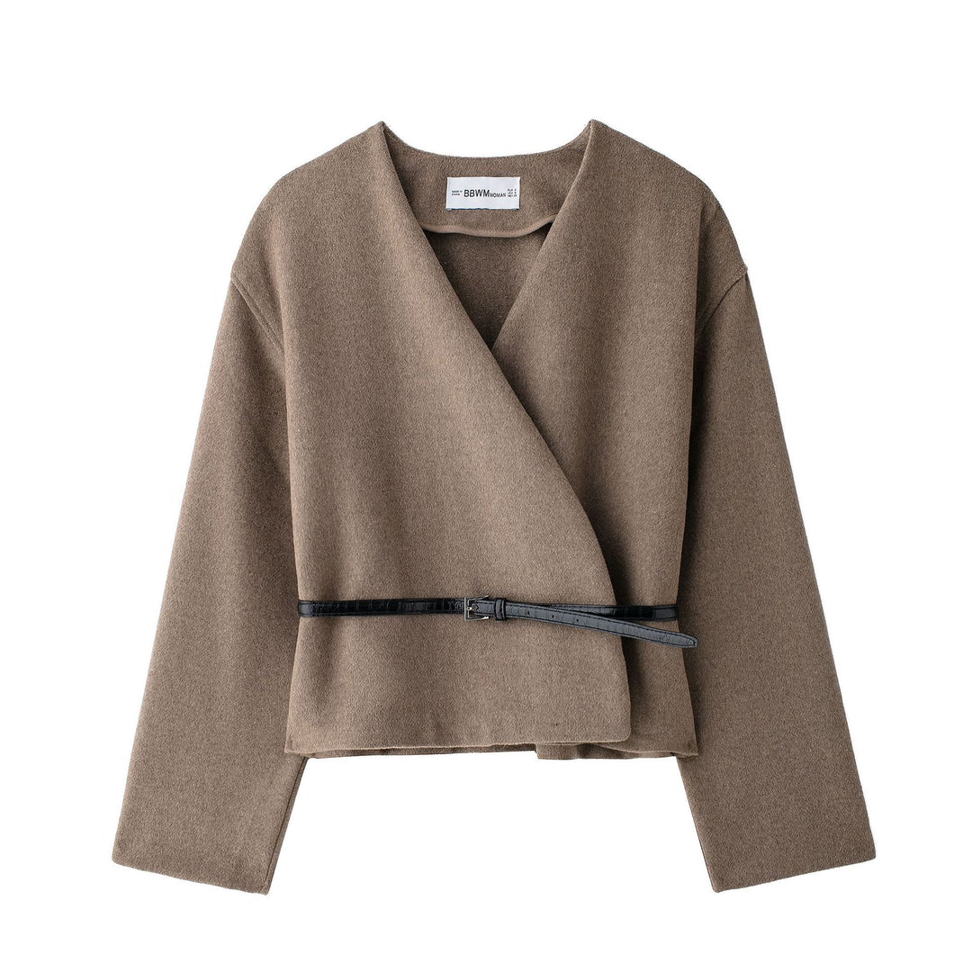 Women's short wrap coat made of wool blend with deep shawl collar and narrow waist belt Amarae