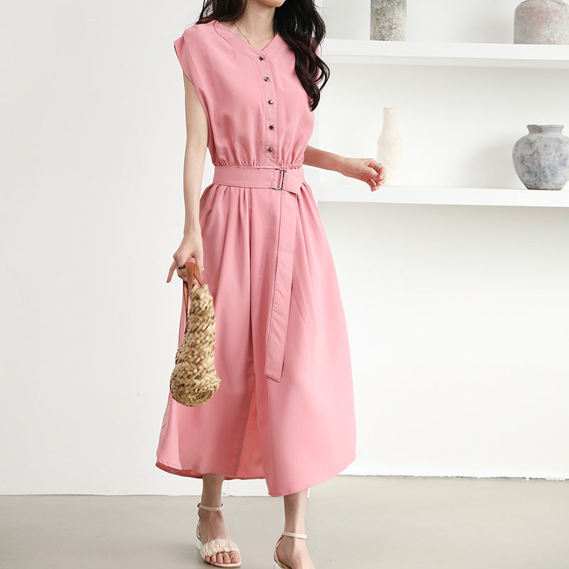 Midi dress for women with button placket and belt at the waist Lune London