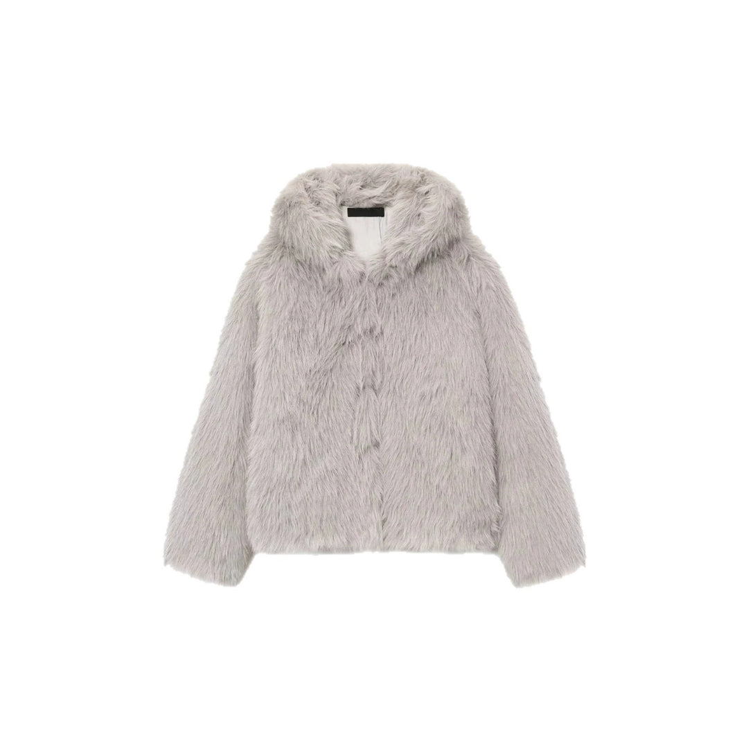 Women's Hooded Faux Fur Short Jacket with Dense Long Pile and Oversize Silhouette Amarae