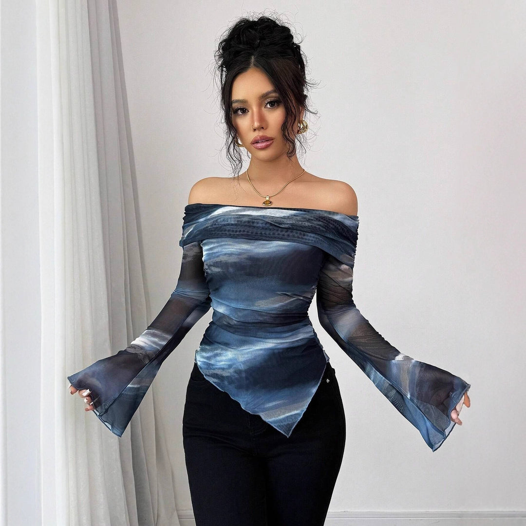 Women's off-shoulder blouse with floral transparent elements and an asymmetrical cut Lune London