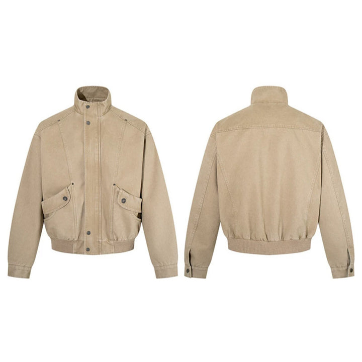 Men's short-cut utility bomber jacket made of cotton canvas with stand-up collar, concealed snap button placket, and ribbed hem Amarae