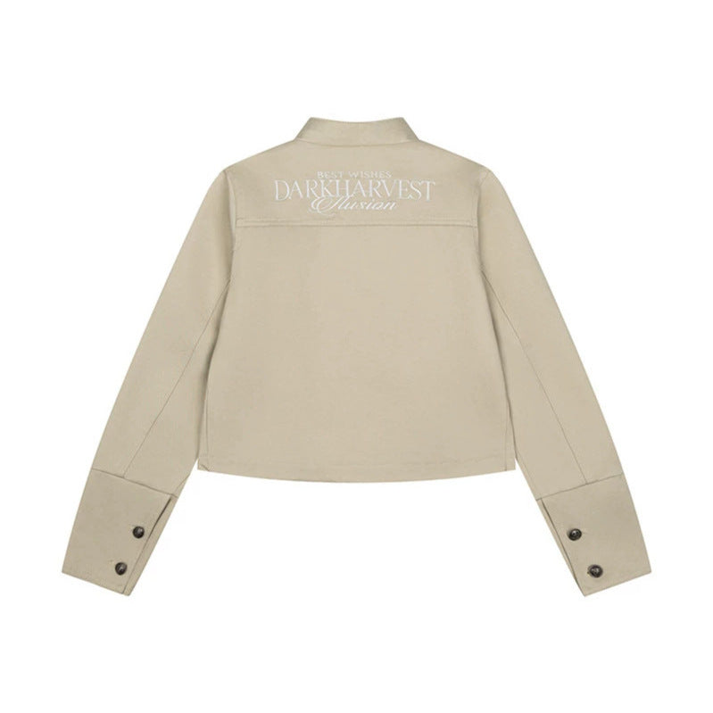 Women's short tailored military jacket with stand-up collar, decorative button rows, and two-way zipper Amarae