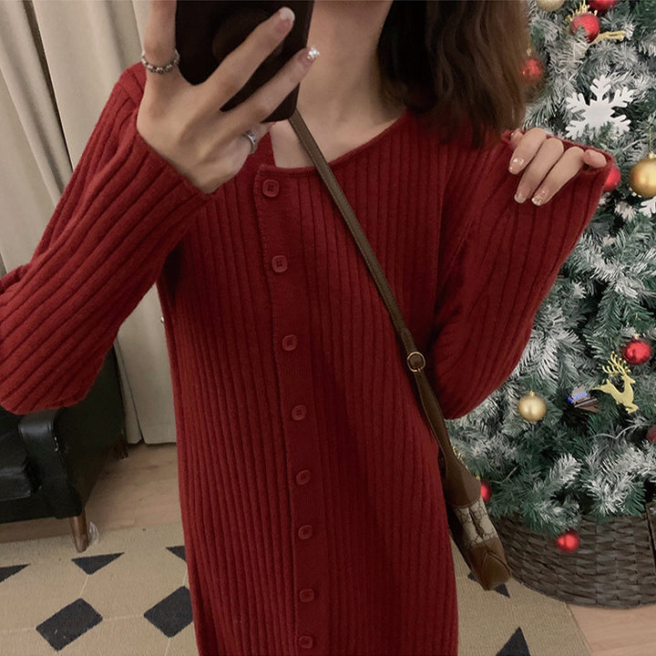 Robe en tricot pour femme avec col haut et fermeture à boutons Chic & Stil