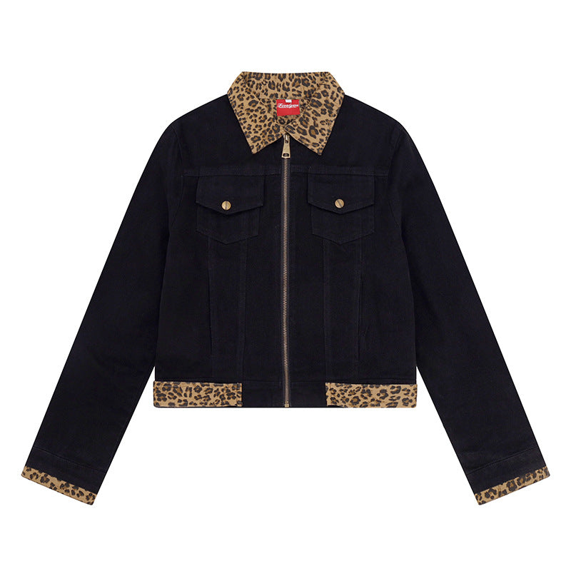 Women’s Short Cut Denim Trucker Jacket with Leopard Contrast Collar and Cuffed Sleeves Amarae