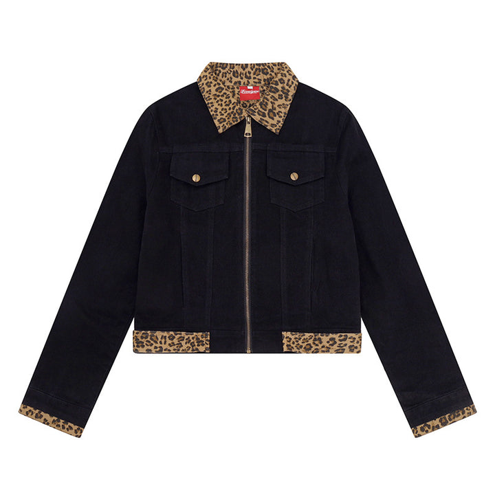 Women’s Short Cut Denim Trucker Jacket with Leopard Contrast Collar and Cuffed Sleeves Amarae