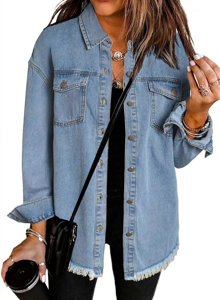 Women's denim shirt with frayed hem and practical pockets Lune London