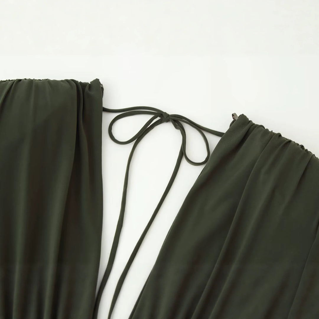 Women's Flowing Maxi Dress with Deep Waterfall V-Neck, Empire Seam and Neck Tie Amarae