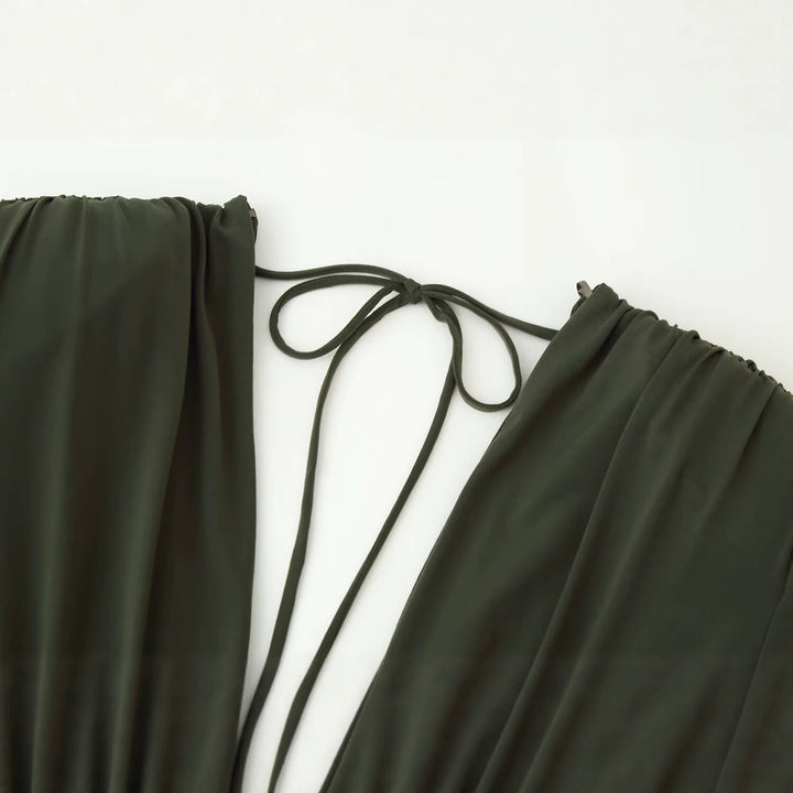 Women's Flowing Maxi Dress with Deep Waterfall V-Neck, Empire Seam and Neck Tie Amarae