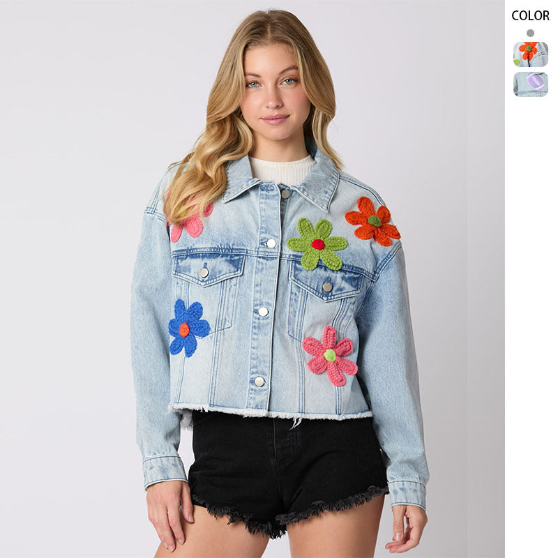 Women's cropped denim jacket with colorful football patches and casual cut Lune London