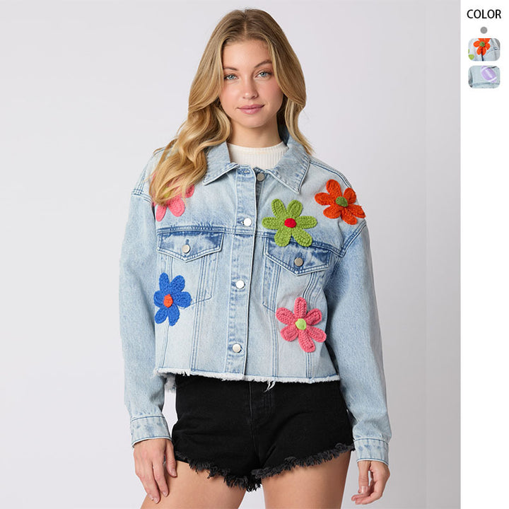 Women's cropped denim jacket with colorful football patches and casual cut Lune London