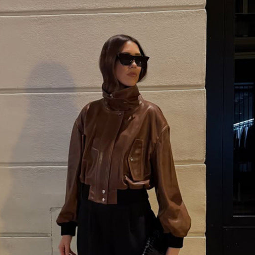 Women's short-cut leather blouse jacket with high stand-up collar and balloon sleeves Amarae
