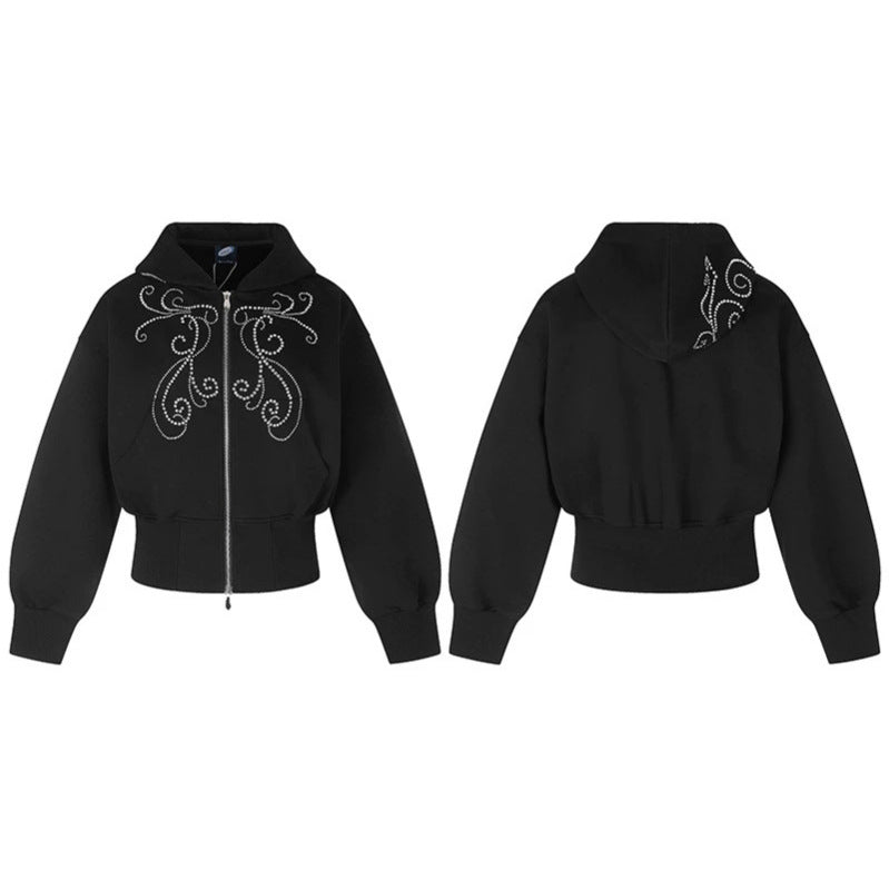 Women's Tailored Hooded Sweat Jacket in Bomber Style with Rhinestone Ornament Amarae