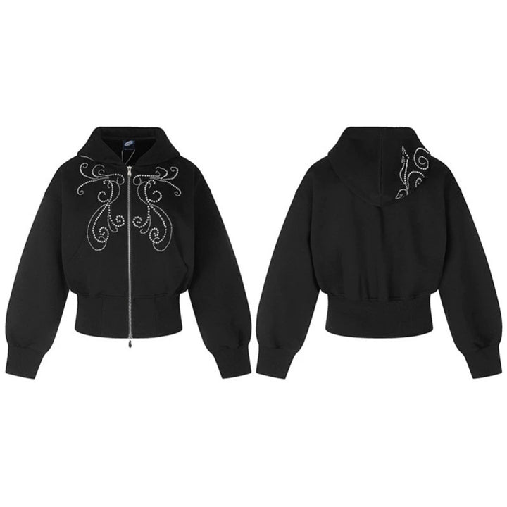 Women's Tailored Hooded Sweat Jacket in Bomber Style with Rhinestone Ornament Amarae