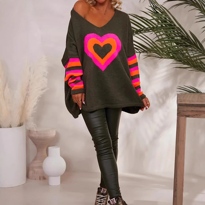 Oversized sweater for women with heart pattern and colorful stripes Lune London