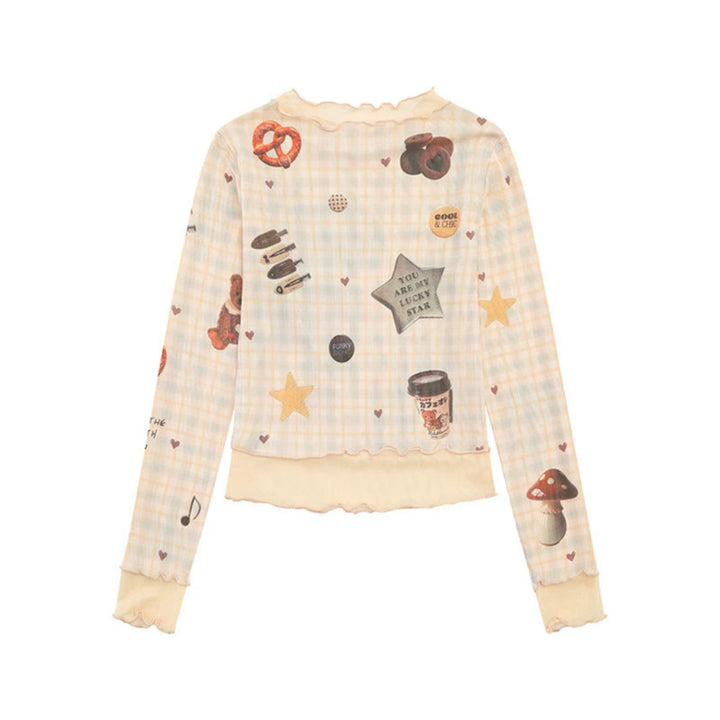 Women's Long Sleeve Mesh Top with Teddy Print and Layered Look Amarae