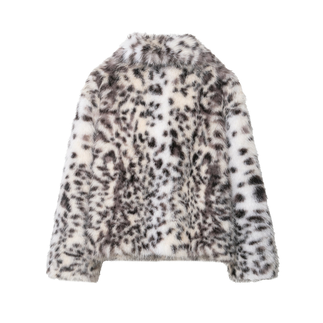 Women's Short Faux Fur Coat with Leopard Print and Shawl Collar Amarae