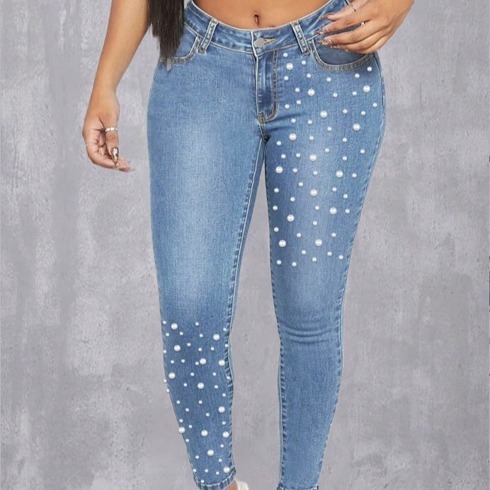 Women High-Waist Skinny Jeans with Pearl Application Amarae