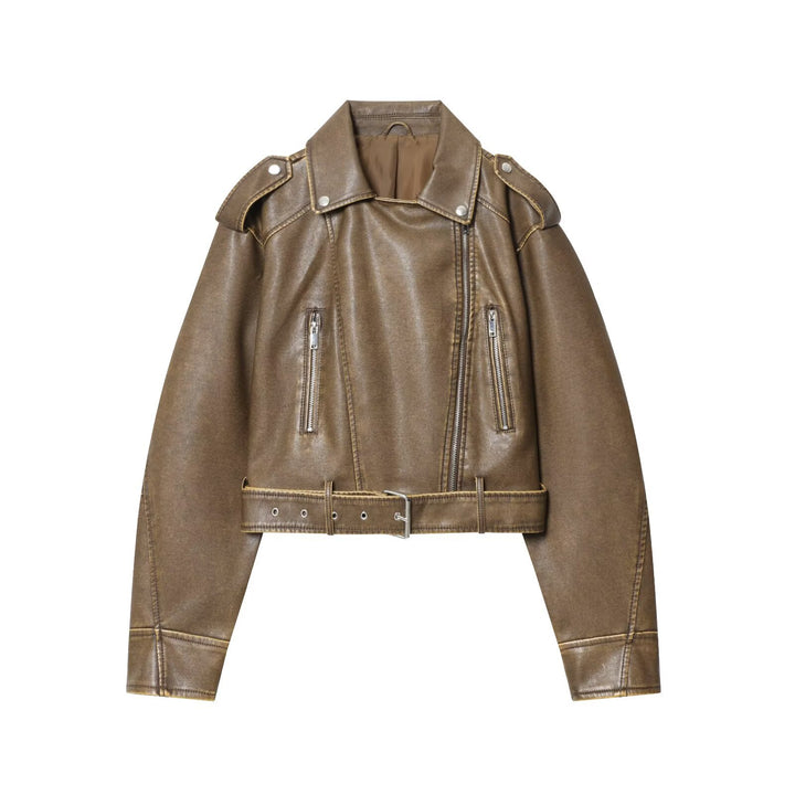 Fashionable women's biker jacket in a vintage look with a belt at the waist and zip pockets Lune London