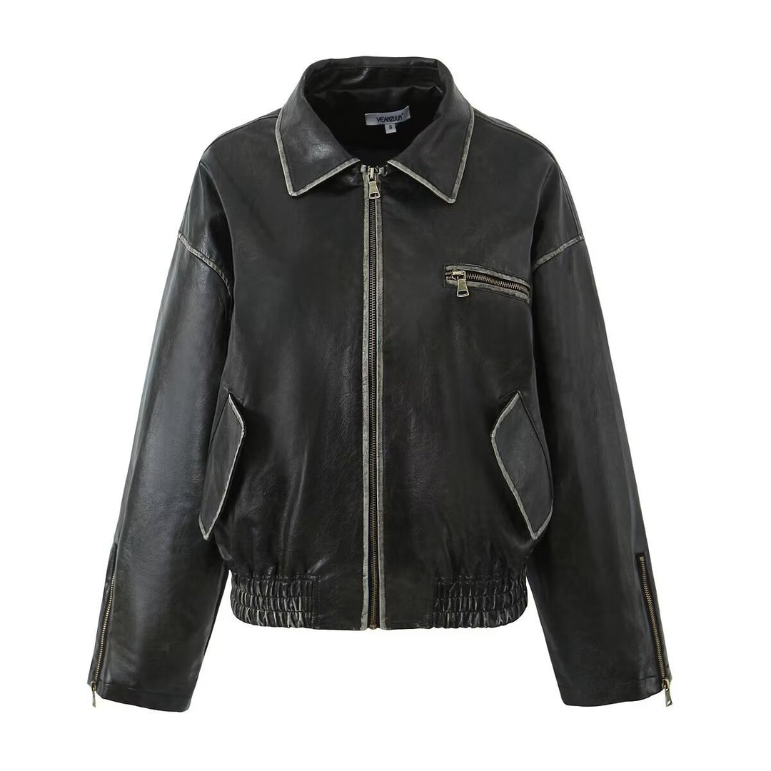 Leather jacket for ladies with a modern design featuring practical zippered pockets Lune London