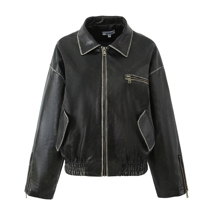 Leather jacket for ladies with a modern design featuring practical zippered pockets Lune London