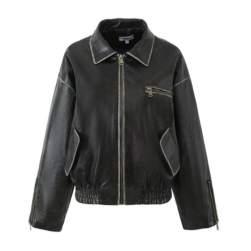 Leather jacket for ladies with a modern design featuring practical zippered pockets Amarae