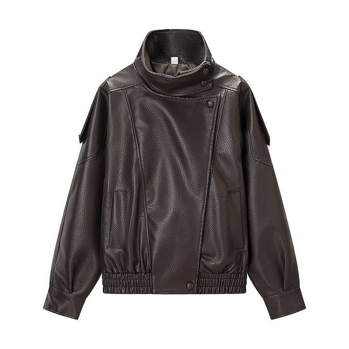 Veste en faux cuir à la mode pour femmes avec col haut et poches pratiques Chic & Stil