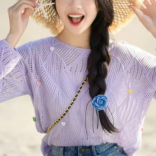 Aerial knit blouse for women with colorful pattern and applications Amarae