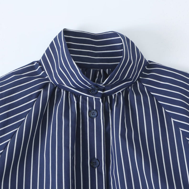 Women Striped Blouse with Stand Collar, Full Button Placket and Drawstring Waistband Amarae