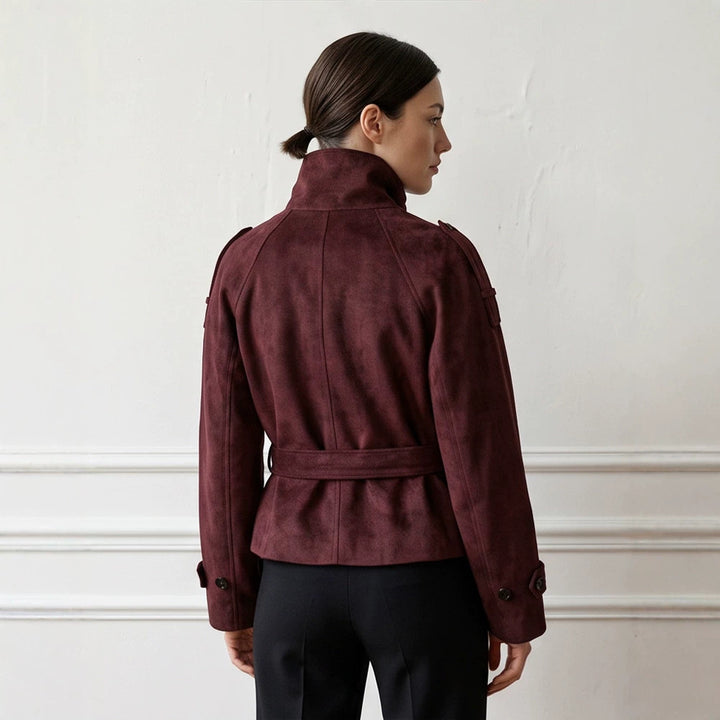 Women's Tailored Short Jacket in Suede Look with Double Breasted and Stand-Up Collar Amarae