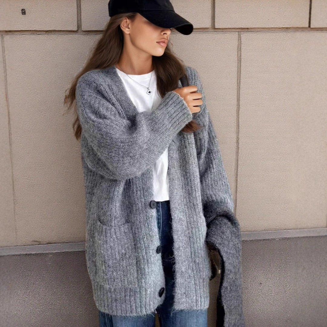 Lune London | Women's chunky knit cardigan with unique texture patterns and practical pockets