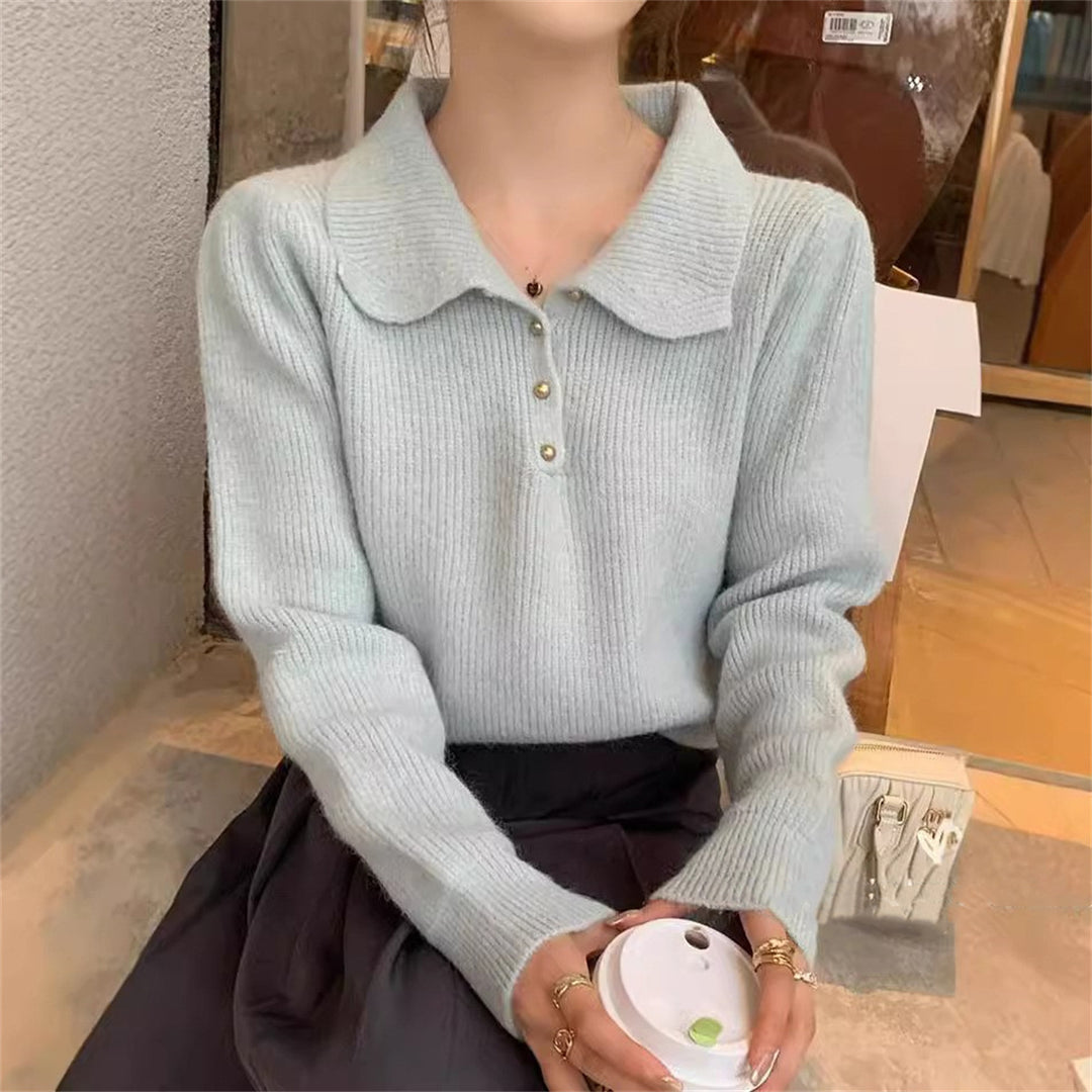 Pull élégant à col polo pour femmes en drap tricot doux