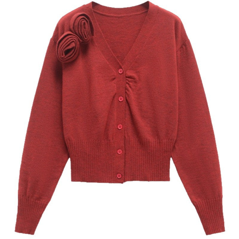 Fashion knitted jacket for women with snap button closure and decorative ruffle detail Lune London