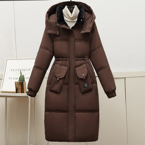 Ladies Long Down Jacket with Removable Hood and Large Pockets Amarae
