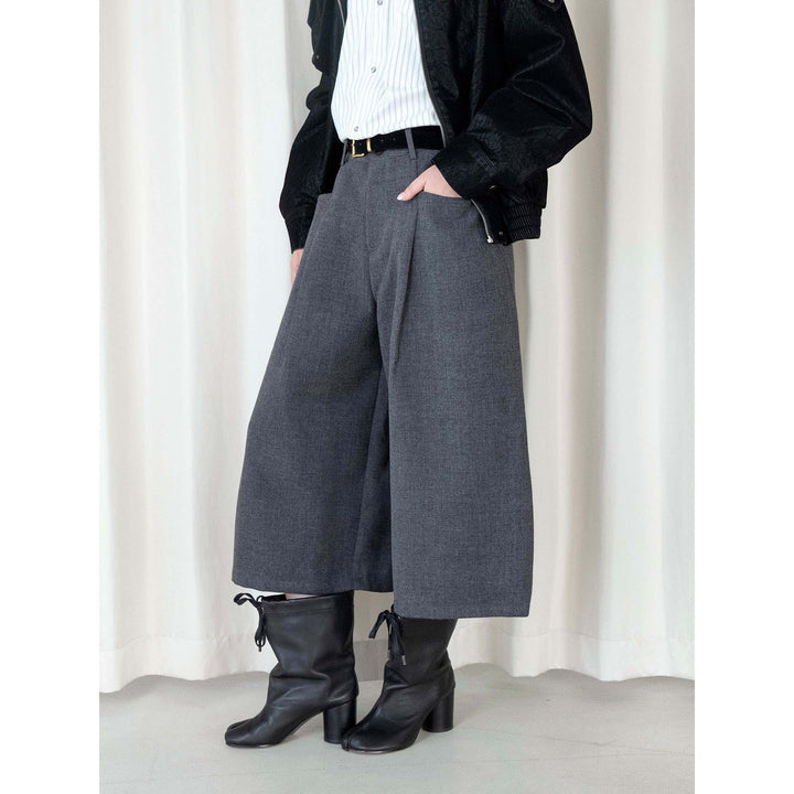 Women's High-Waisted Culotte Pants in Wool Look with Pleats and Wide Leg Amarae