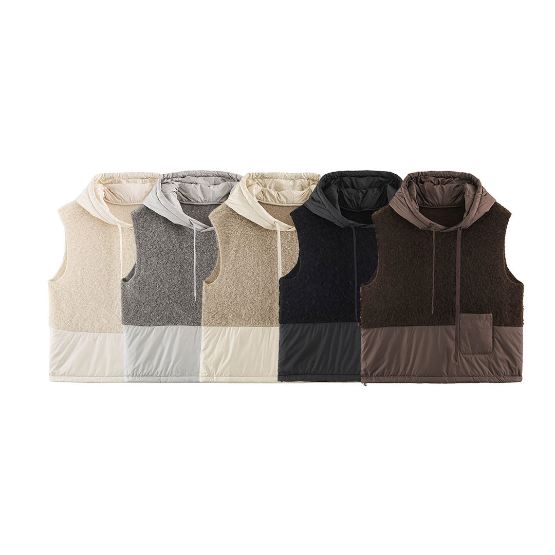 Women's Padded Quilted Vest with Teddy Insert, Hood and Drawstring Amarae