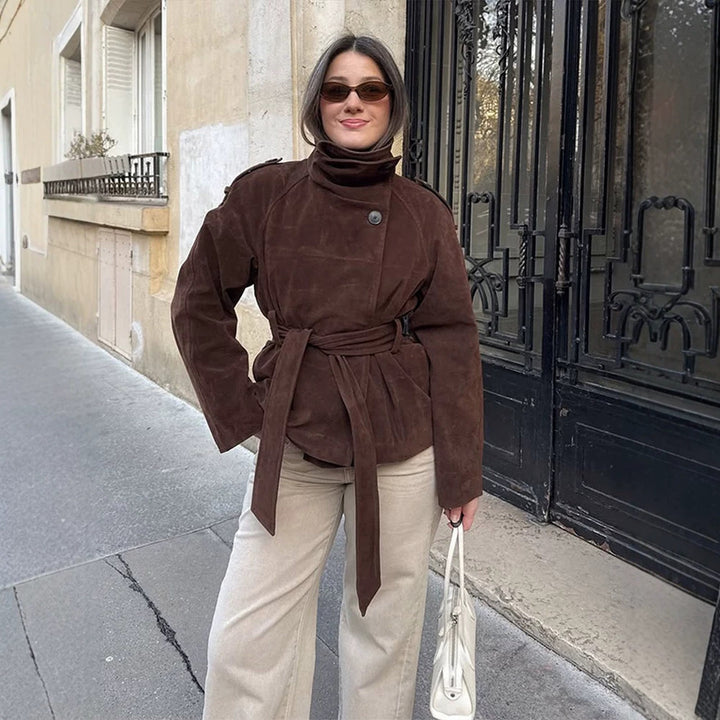 Women's short jacket made of suede with a high stand-up collar and tie belt Amarae