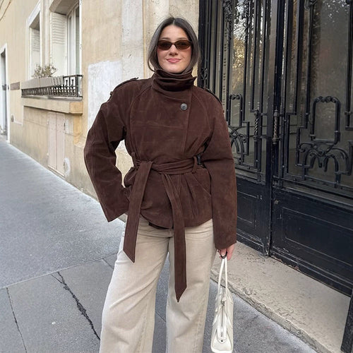 Women's short jacket made of suede with a high stand-up collar and tie belt Amarae