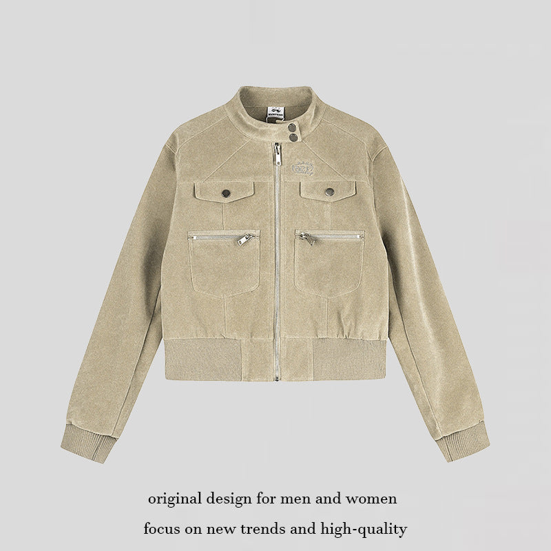 Women's Short Cut Velvet Velour Bomber Jacket with Stand-up Collar and Multifunctional Pockets Amarae