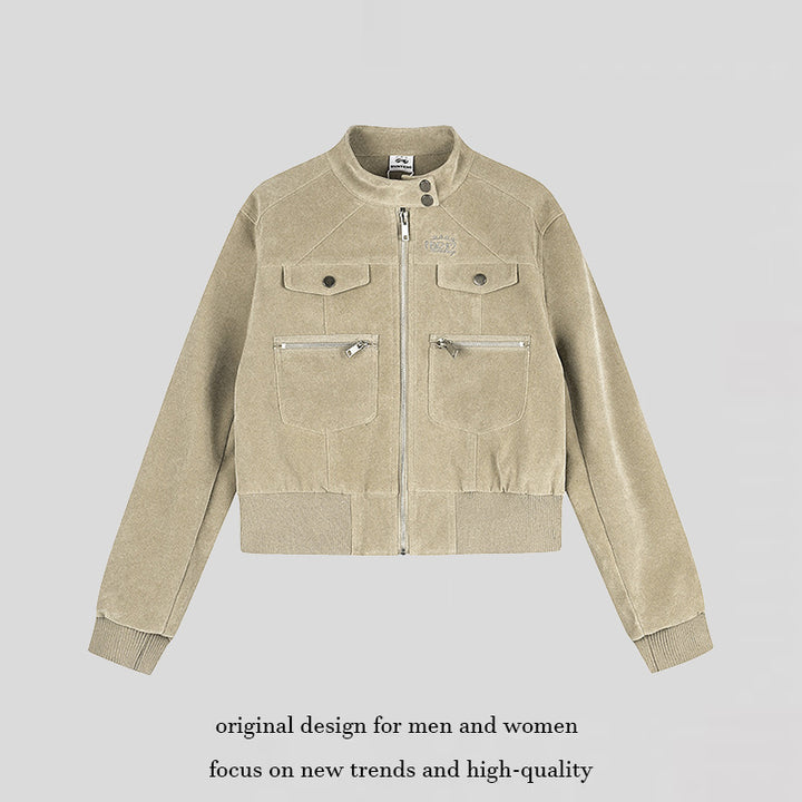 Women's Short Cut Velvet Velour Bomber Jacket with Stand-up Collar and Multifunctional Pockets Amarae