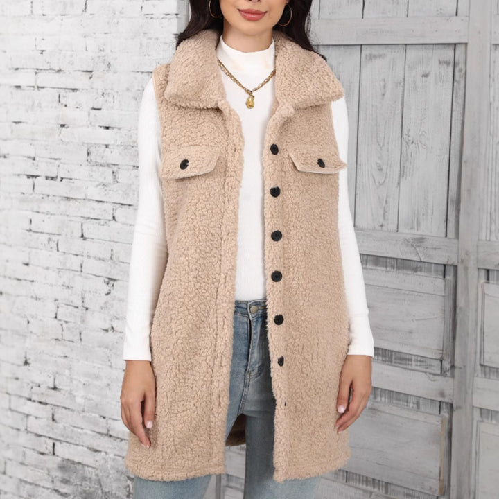Ladies Comfortable Plush Jacket with Patch Pockets and Stylish Chic Collar